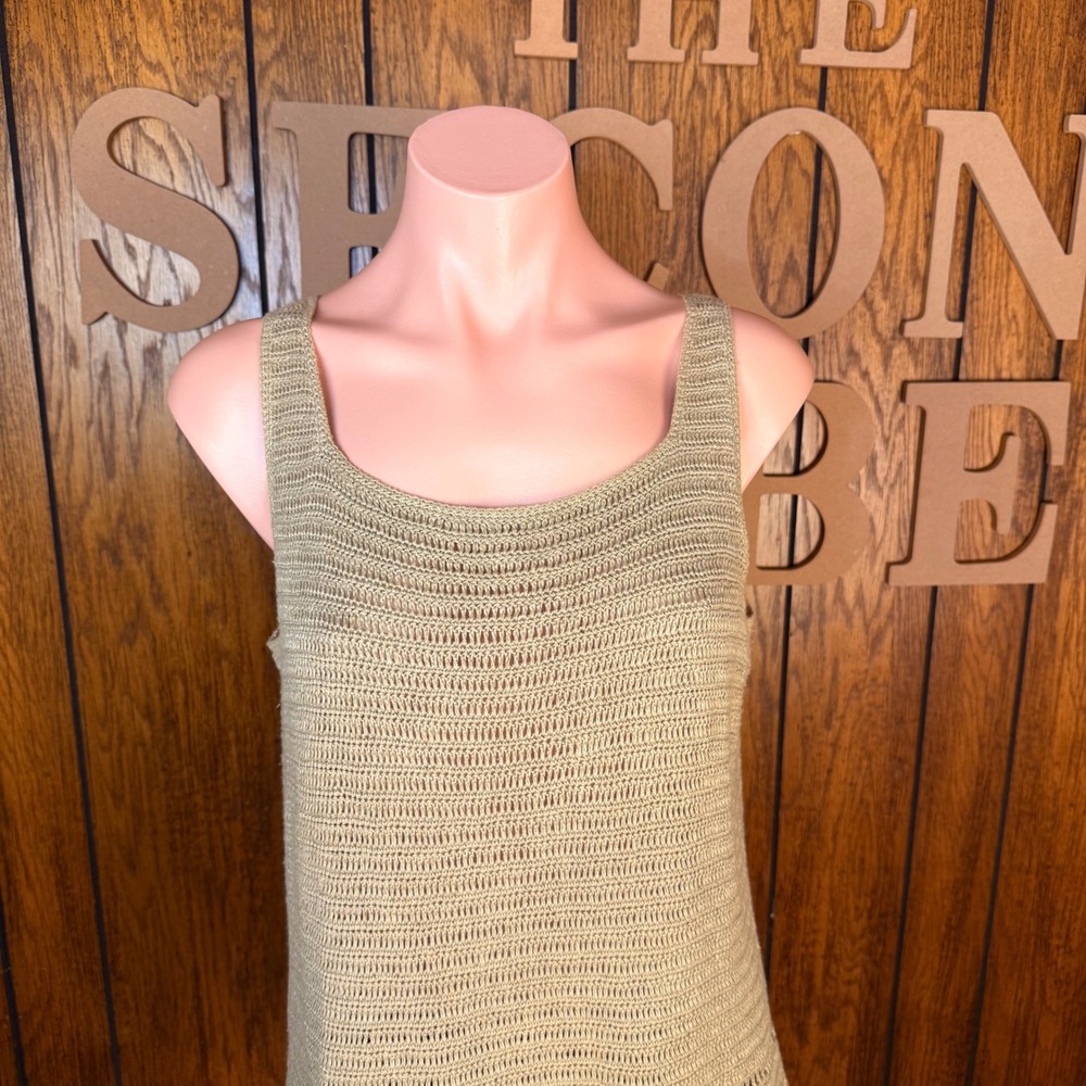 Lord & Taylor Tank Top Women Medium Green Linen Crochet Knit Coastal Cottagecore - Picture 2 of 5